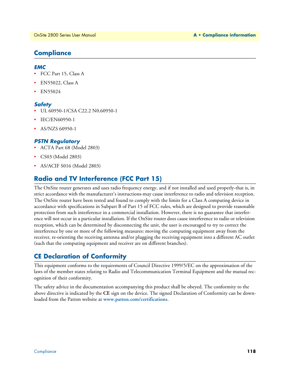 Compliance, Safety, Pstn regulatory | Radio and tv interference (fcc part 15), Ce declaration of conformity | Patton electronic ONSITE 2800 User Manual | Page 118 / 135