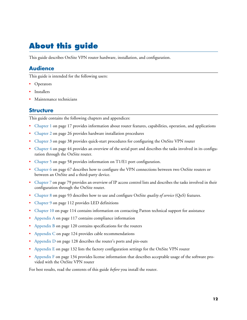 About this guide, Audience, Structure | Patton electronic ONSITE 2800 User Manual | Page 12 / 135