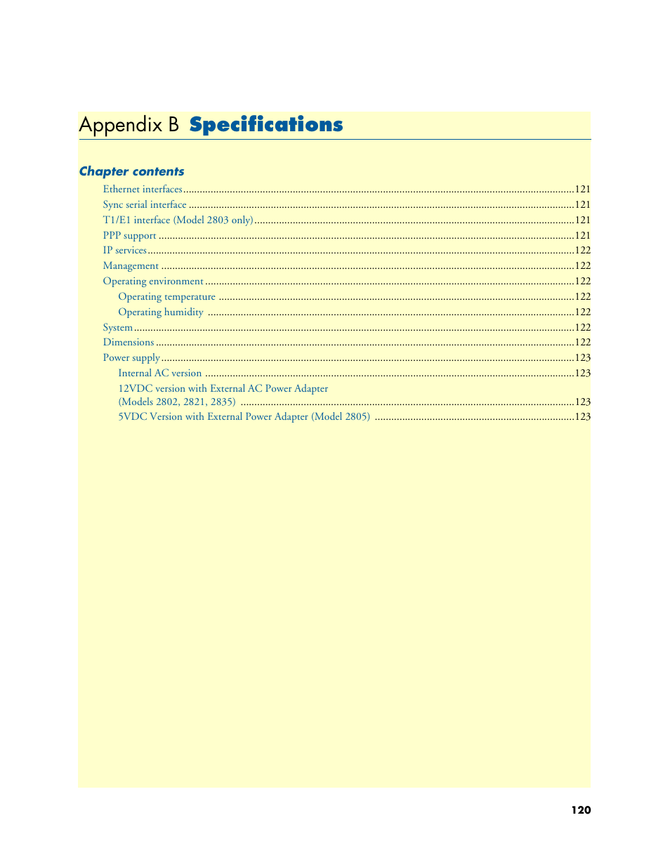 Appendix b specifications, Specifications, Appendix b | Patton electronic ONSITE 2800 User Manual | Page 120 / 135