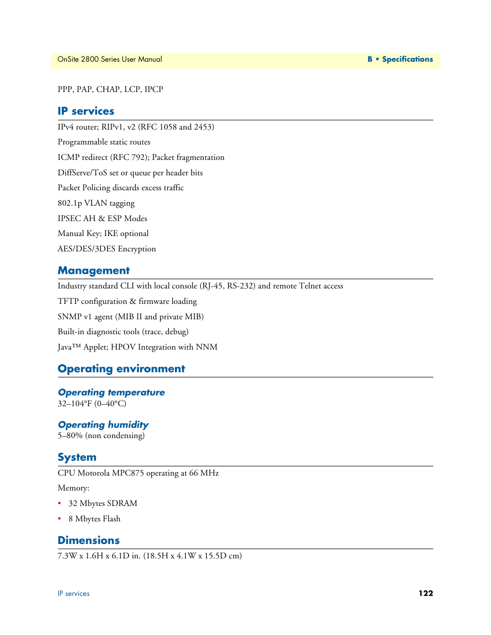 Ip services, Management, Operating environment | Operating temperature, Operating humidity, System, Dimensions | Patton electronic ONSITE 2800 User Manual | Page 122 / 135