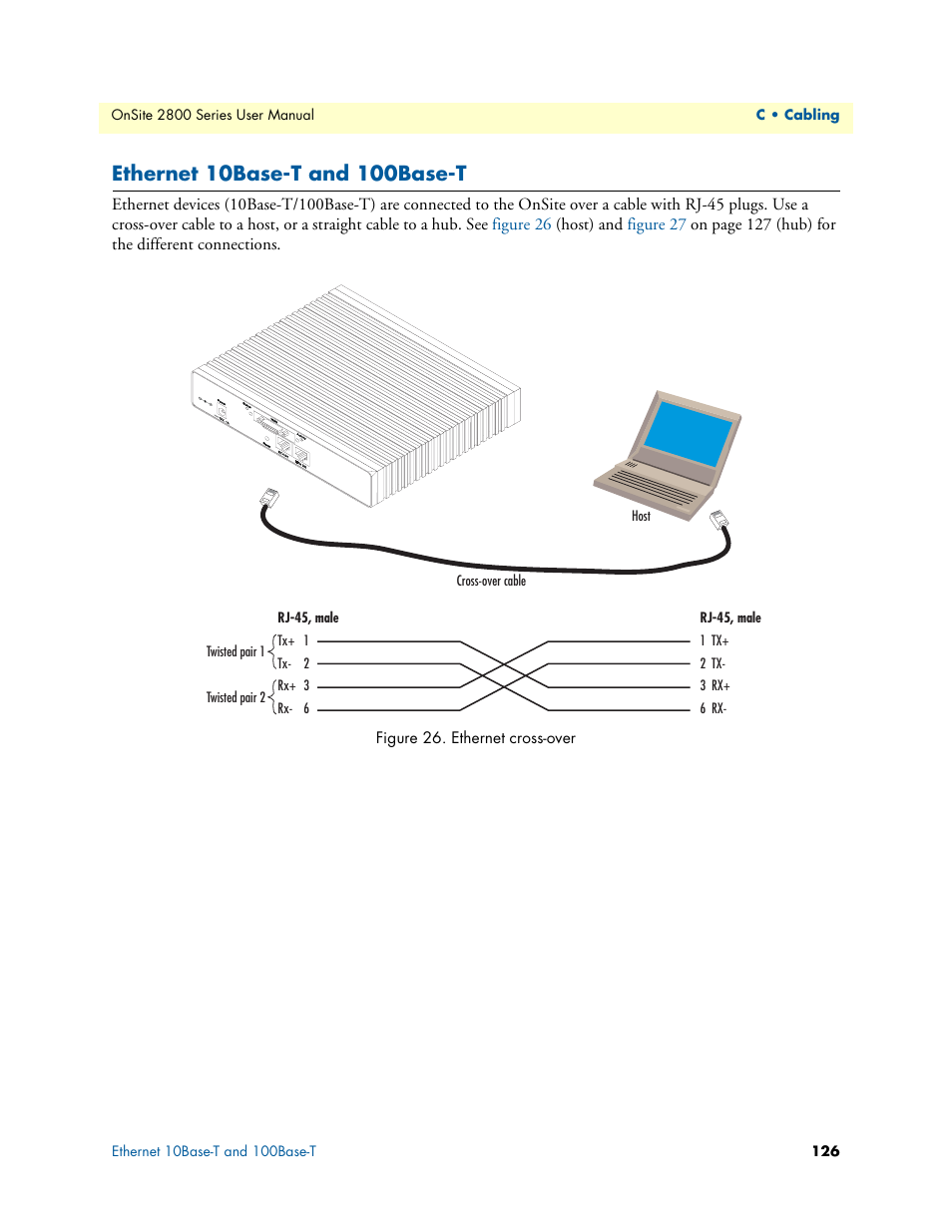 Ethernet 10base-t and 100base-t, Ethernet cross-over | Patton electronic ONSITE 2800 User Manual | Page 126 / 135