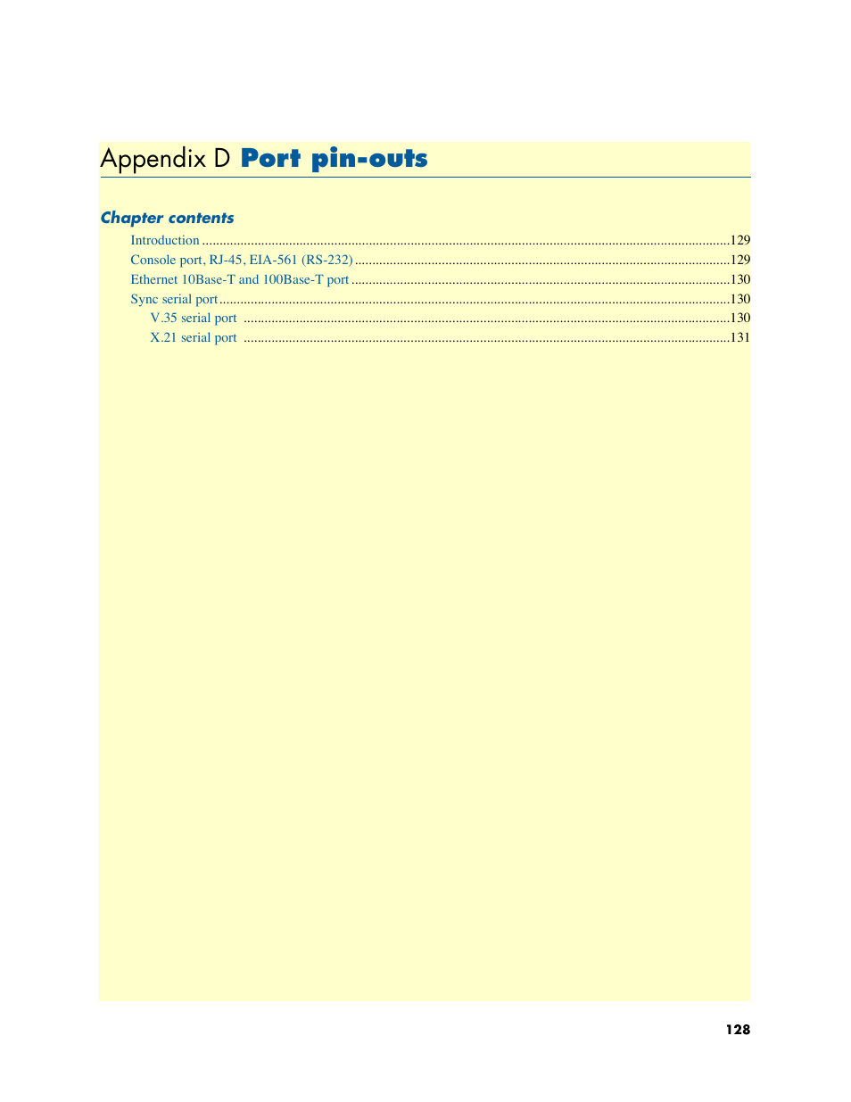 Appendix d port pin-outs, Port pin-outs, Appendix d | Patton electronic ONSITE 2800 User Manual | Page 128 / 135