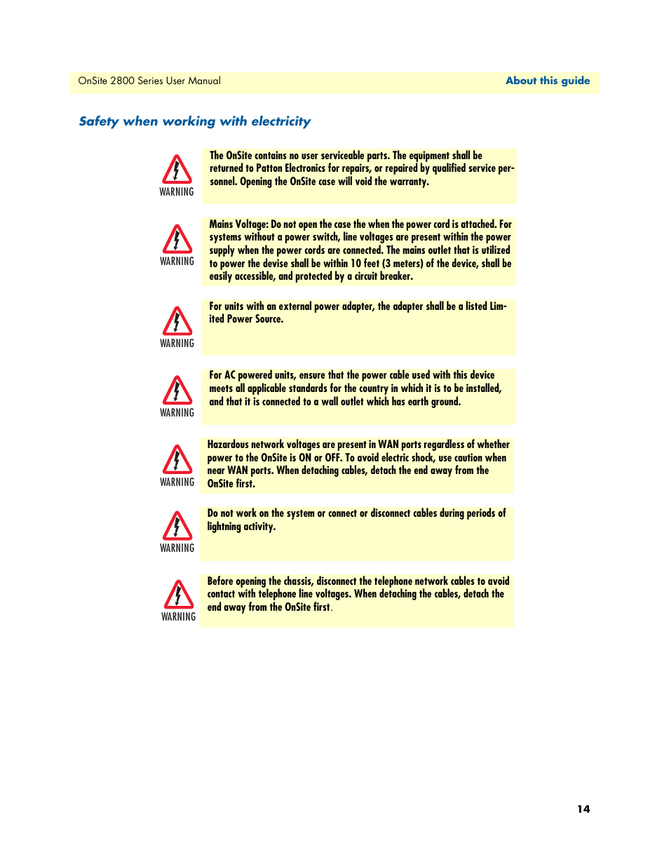 Safety when working with electricity | Patton electronic ONSITE 2800 User Manual | Page 14 / 135