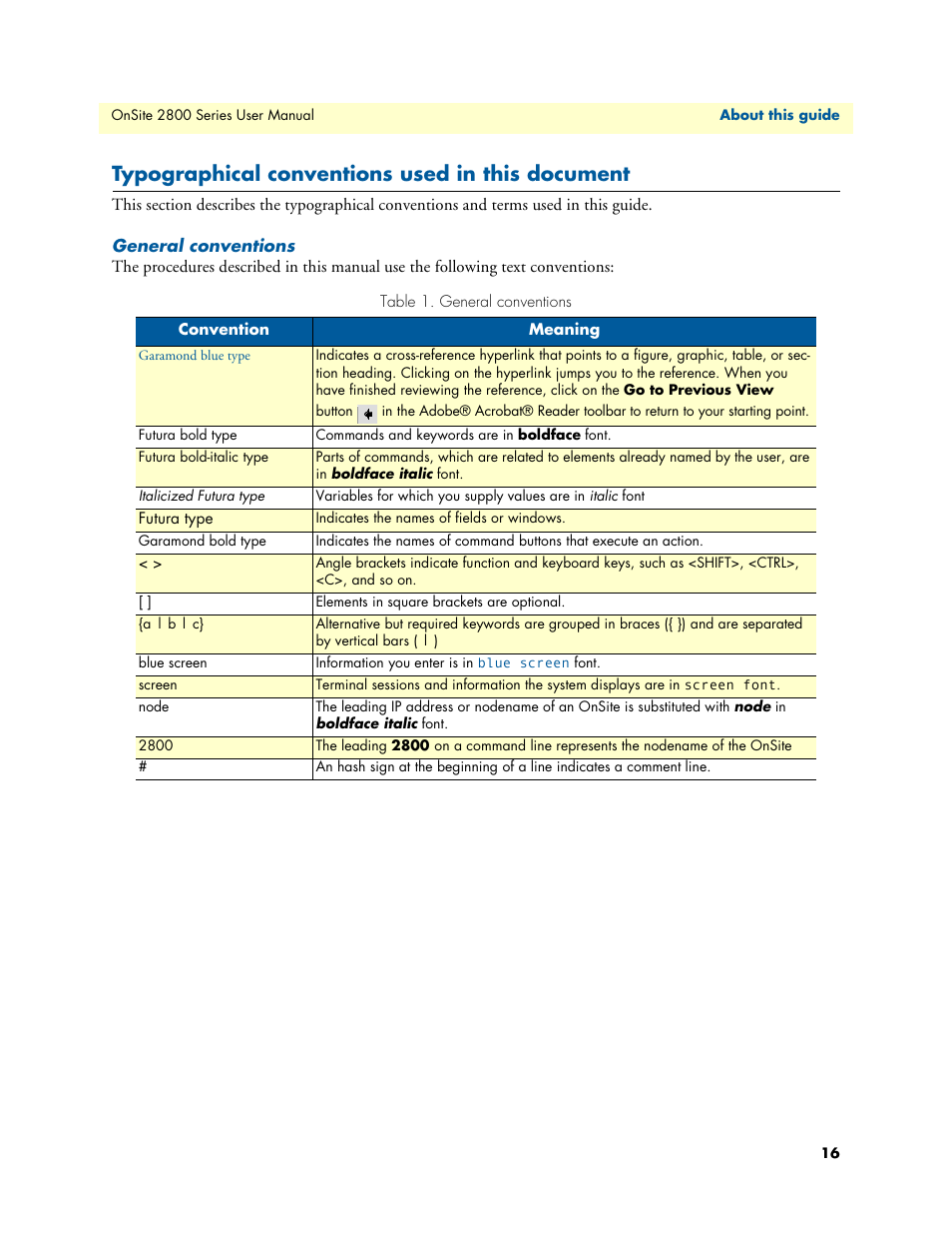 Typographical conventions used in this document, General conventions | Patton electronic ONSITE 2800 User Manual | Page 16 / 135