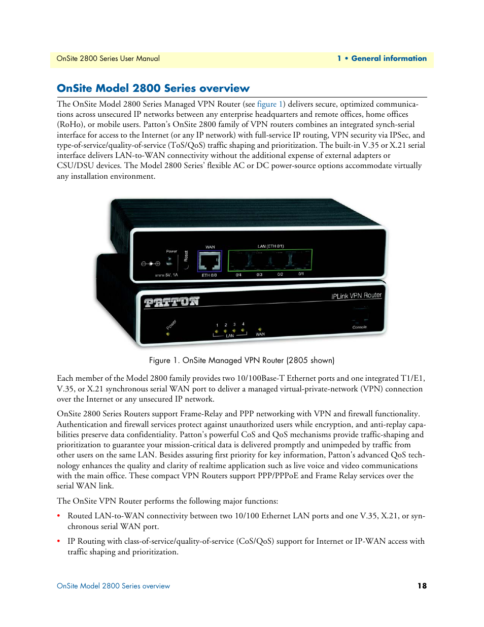 Onsite model 2800 series overview, Onsite managed vpn router (2805 shown) | Patton electronic ONSITE 2800 User Manual | Page 18 / 135