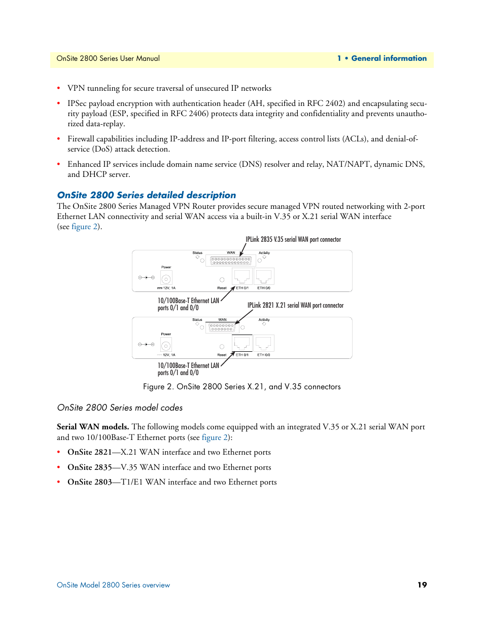 Onsite 2800 series detailed description, Onsite 2800 series model codes, Serial wan models | Onsite 2800 series x.21, and v.35 connectors | Patton electronic ONSITE 2800 User Manual | Page 19 / 135