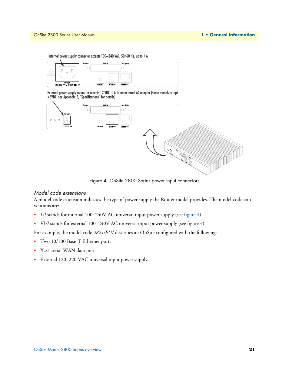 Model code extensions, Onsite 2800 series power input connectors | Patton electronic ONSITE 2800 User Manual | Page 21 / 135