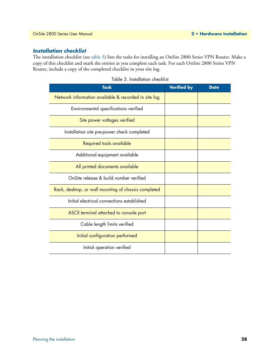 Installation checklist, Table 3 | Patton electronic ONSITE 2800 User Manual | Page 28 / 135