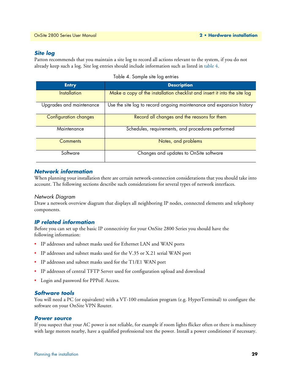 Site log, Network information, Network diagram | Ip related information, Software tools, Power source, Sample site log entries | Patton electronic ONSITE 2800 User Manual | Page 29 / 135