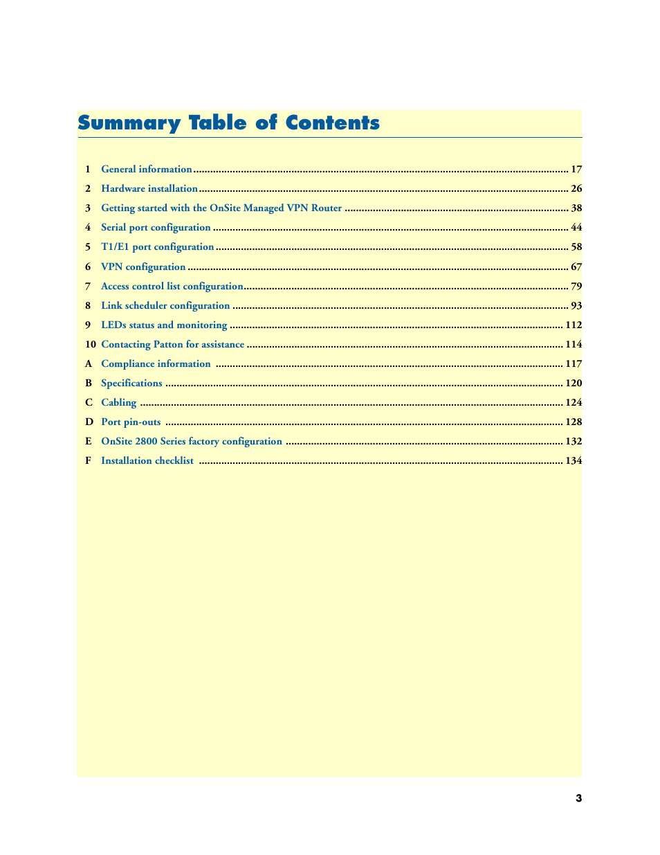 Summary table of contents, Summar y table of contents | Patton electronic ONSITE 2800 User Manual | Page 3 / 135