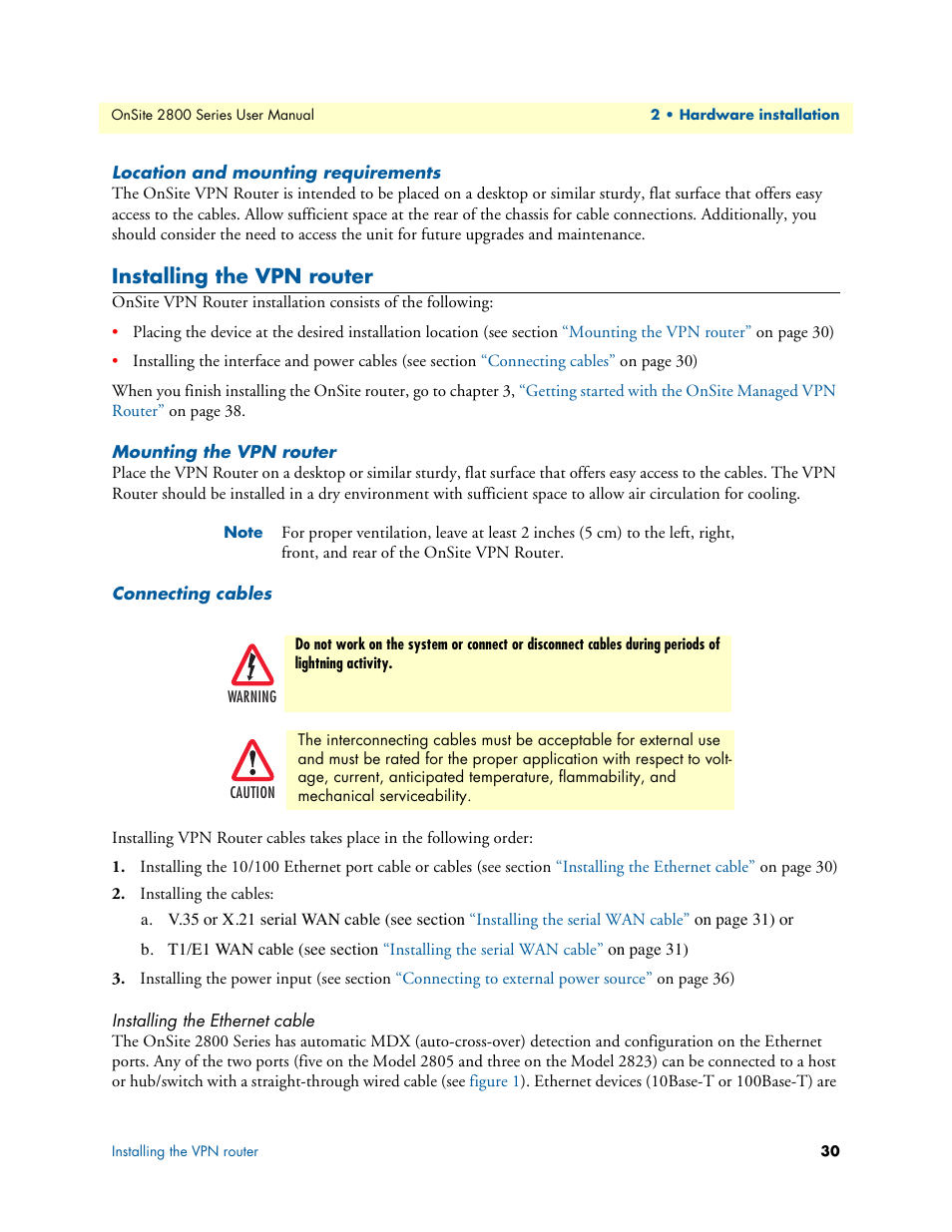 Location and mounting requirements, Installing the vpn router, Mounting the vpn router | Connecting cables, Installing the ethernet cable | Patton electronic ONSITE 2800 User Manual | Page 30 / 135