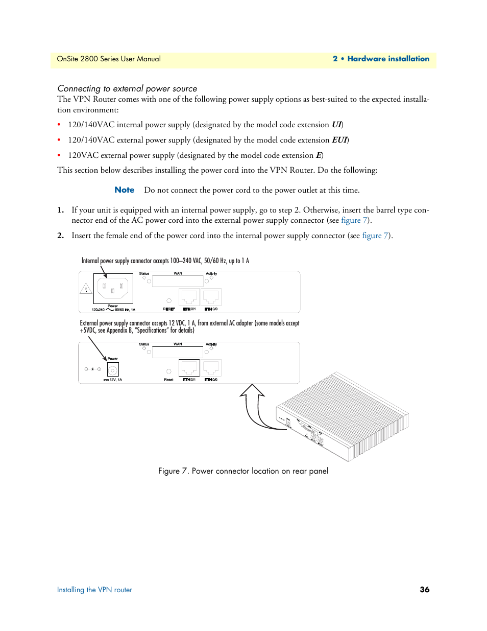 Connecting to external power source, Power connector location on rear panel | Patton electronic ONSITE 2800 User Manual | Page 36 / 135