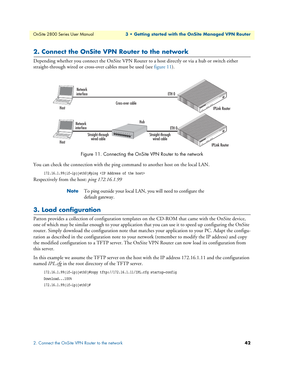 Connect the onsite vpn router to the network, Load configuration, Connecting the onsite vpn router to the network | Connect the onsite vpn router to the, Network | Patton electronic ONSITE 2800 User Manual | Page 42 / 135