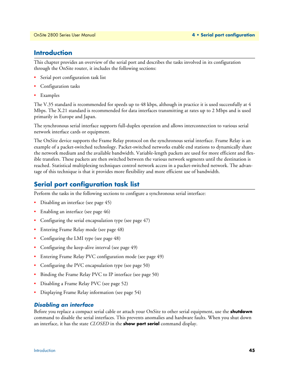 Introduction, Serial port configuration task list, Disabling an interface | Patton electronic ONSITE 2800 User Manual | Page 45 / 135