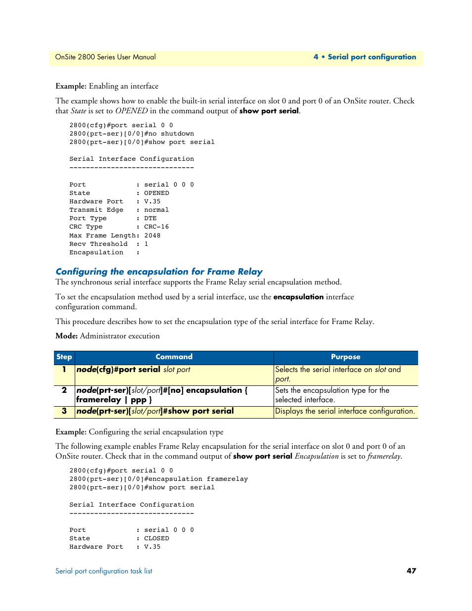 Configuring the encapsulation for frame relay | Patton electronic ONSITE 2800 User Manual | Page 47 / 135