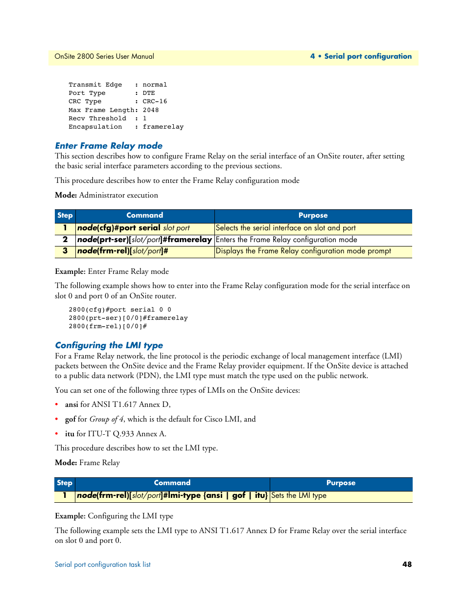 Enter frame relay mode, Configuring the lmi type | Patton electronic ONSITE 2800 User Manual | Page 48 / 135