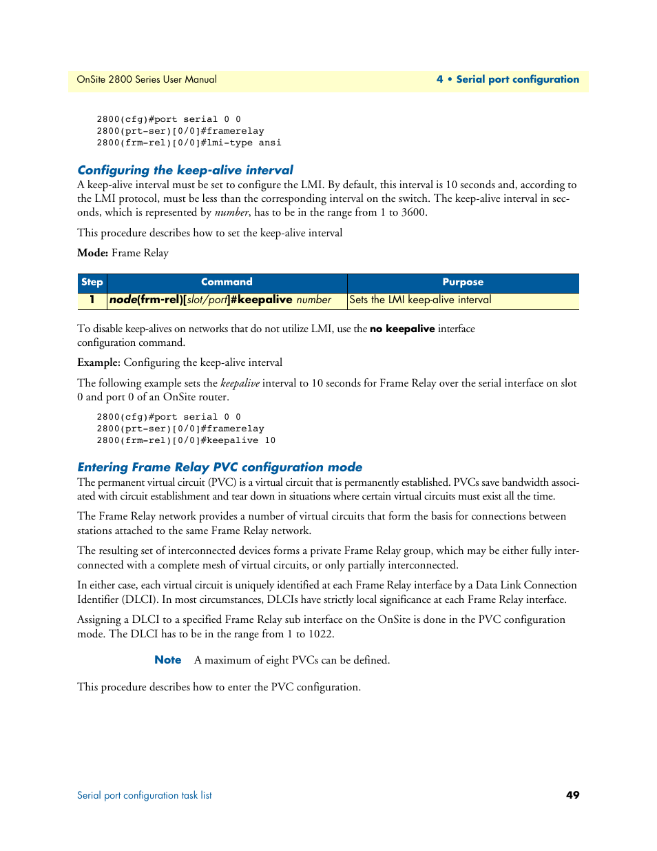 Configuring the keep-alive interval, Entering frame relay pvc configuration mode | Patton electronic ONSITE 2800 User Manual | Page 49 / 135