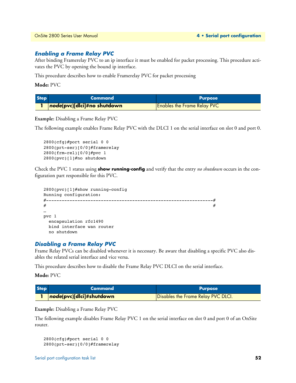 Enabling a frame relay pvc, Disabling a frame relay pvc | Patton electronic ONSITE 2800 User Manual | Page 52 / 135