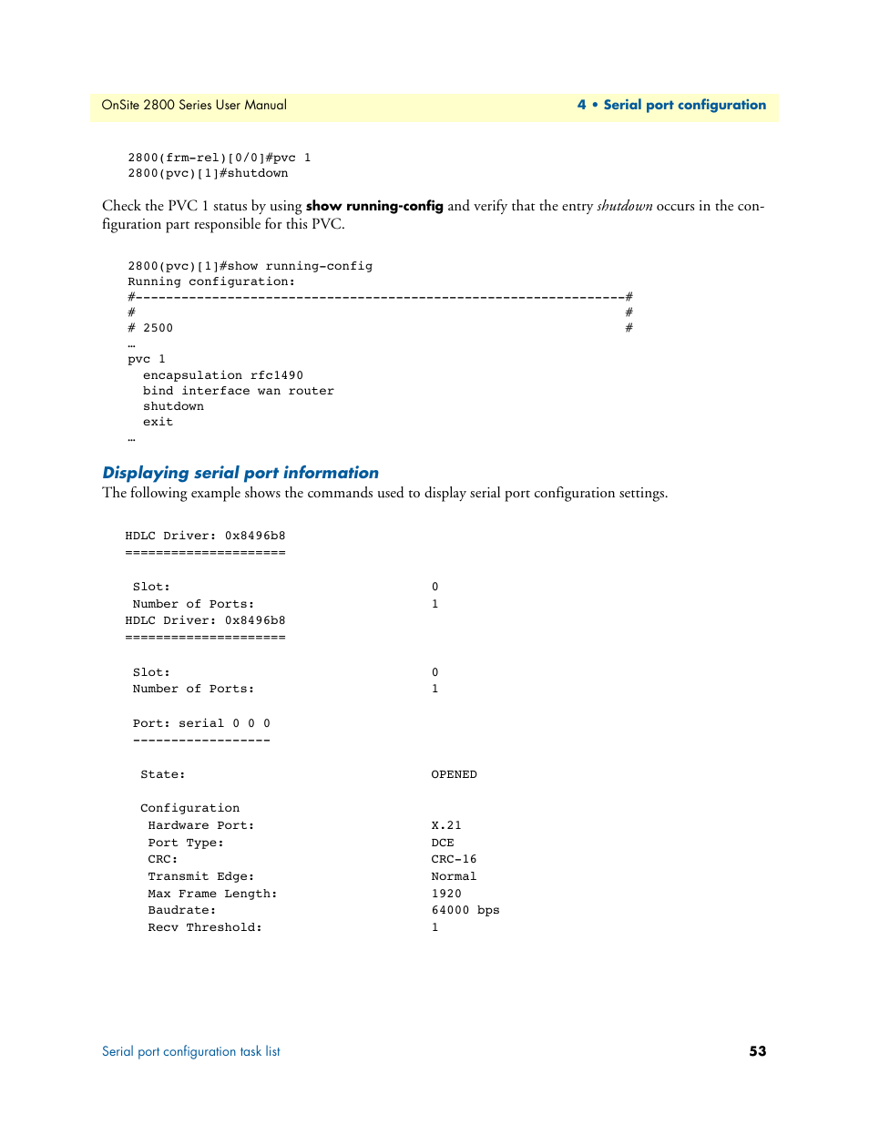 Displaying serial port information | Patton electronic ONSITE 2800 User Manual | Page 53 / 135