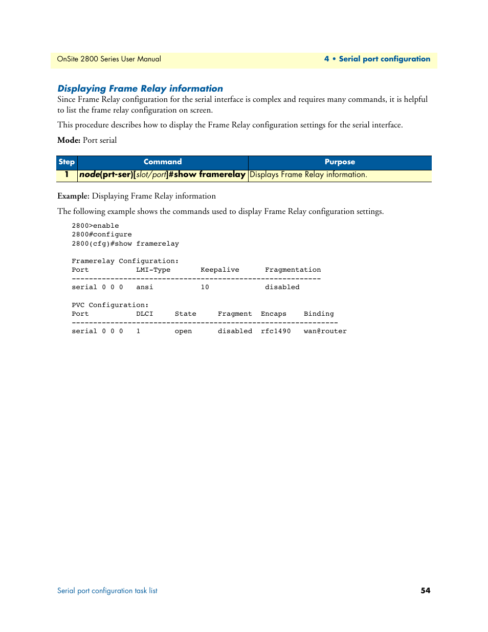 Displaying frame relay information | Patton electronic ONSITE 2800 User Manual | Page 54 / 135