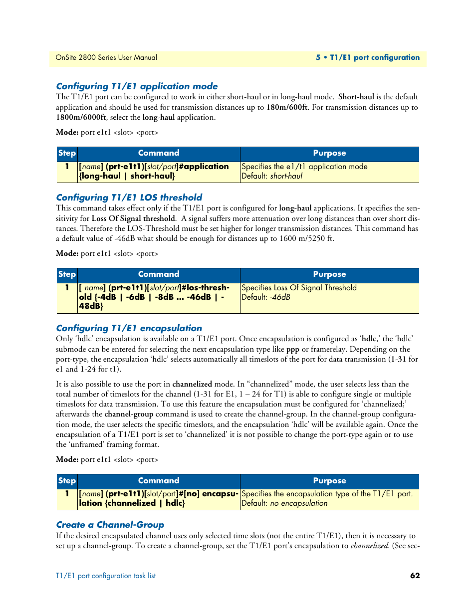 Configuring t1/e1 application mode, Configuring t1/e1 los threshold, Configuring t1/e1 encapsulation | Create a channel-group | Patton electronic ONSITE 2800 User Manual | Page 62 / 135