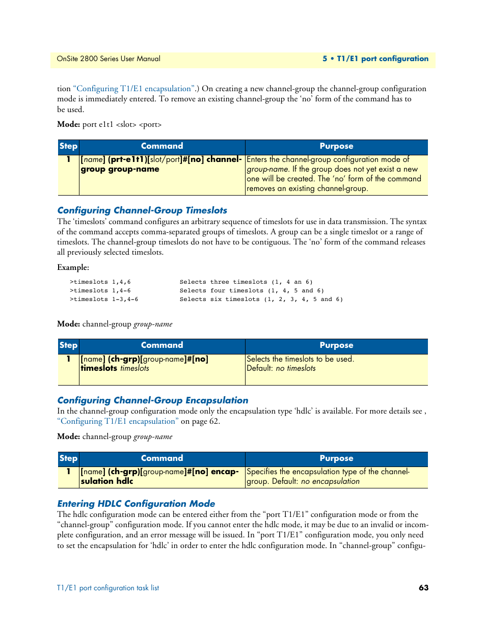 Configuring channel-group timeslots, Configuring channel-group encapsulation, Entering hdlc configuration mode | Patton electronic ONSITE 2800 User Manual | Page 63 / 135
