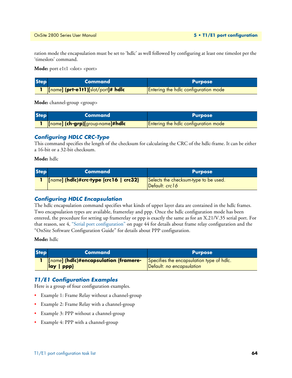 Configuring hdlc crc-type, Configuring hdlc encapsulation, T1/e1 configuration examples | Patton electronic ONSITE 2800 User Manual | Page 64 / 135