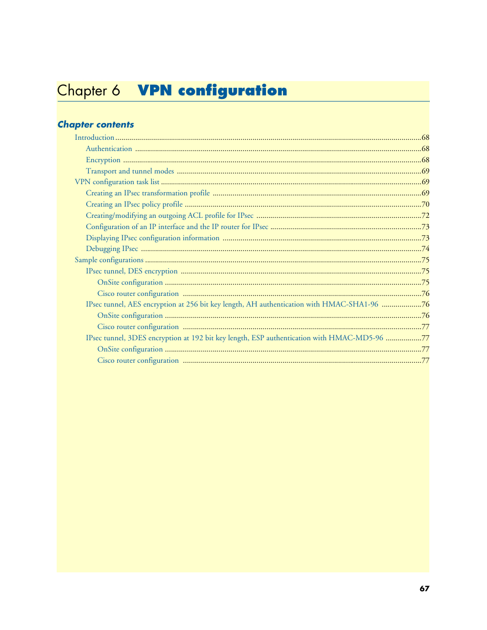 Chapter 6 vpn configuration, Vpn configuration, Chapter 6 | Patton electronic ONSITE 2800 User Manual | Page 67 / 135