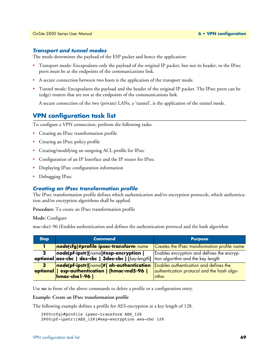 Transport and tunnel modes, Vpn configuration task list, Creating an ipsec transformation profile | Patton electronic ONSITE 2800 User Manual | Page 69 / 135