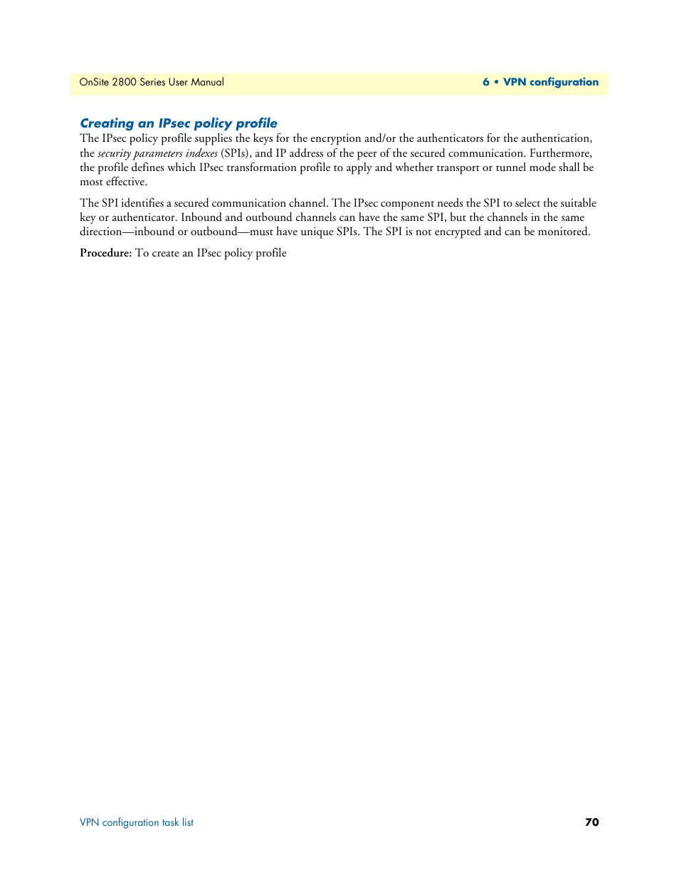 Creating an ipsec policy profile | Patton electronic ONSITE 2800 User Manual | Page 70 / 135