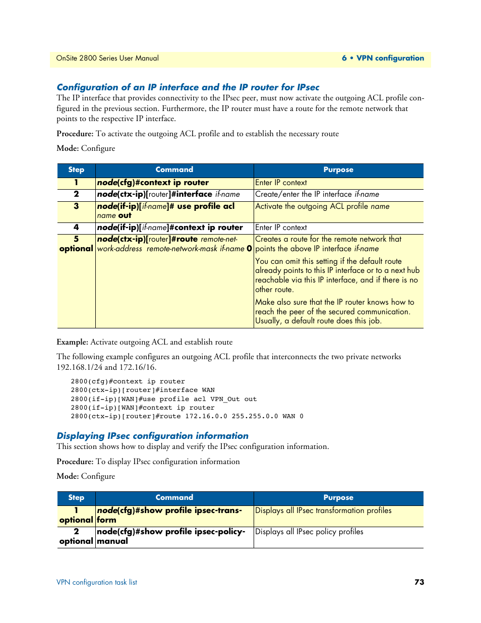 Displaying ipsec configuration information | Patton electronic ONSITE 2800 User Manual | Page 73 / 135