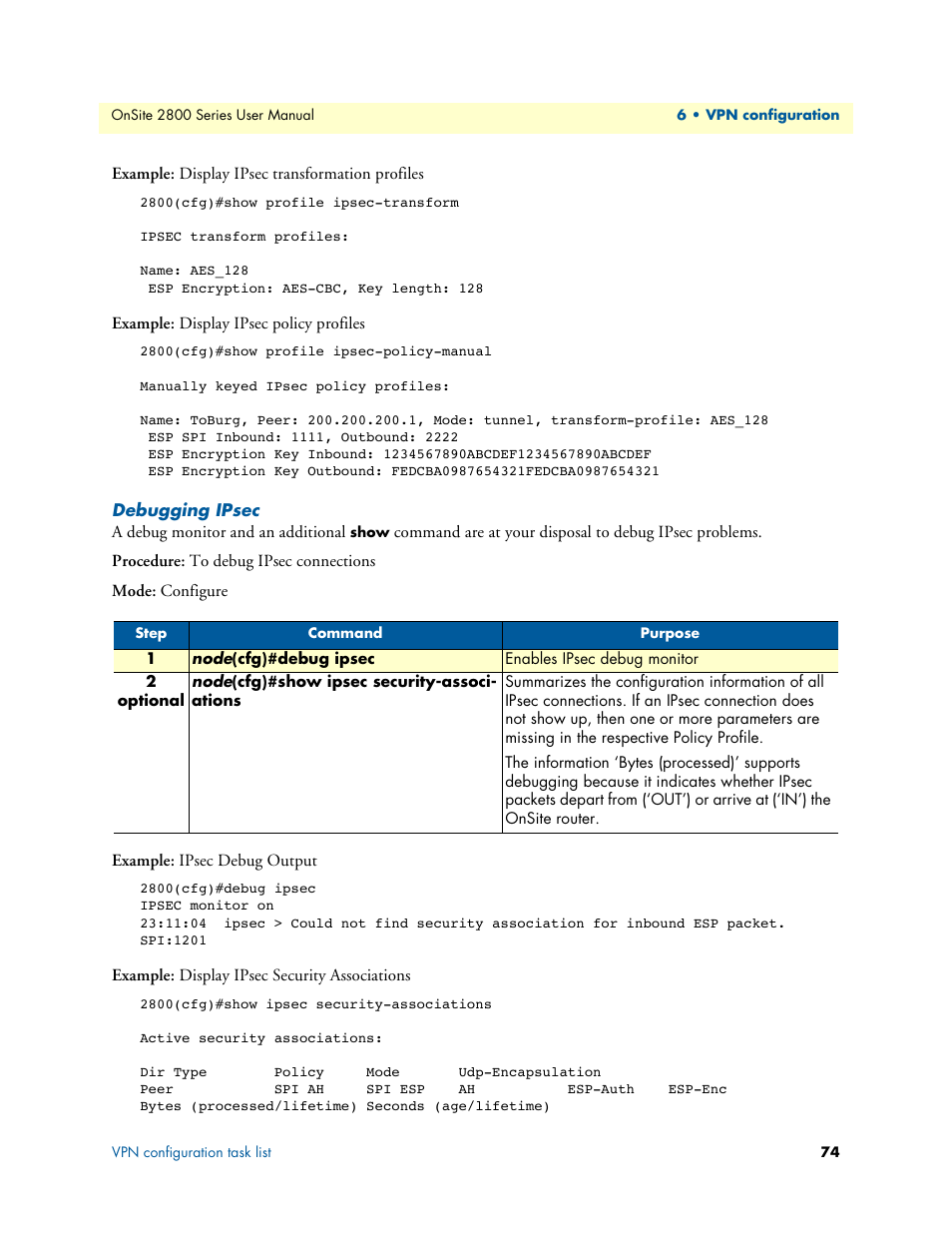 Debugging ipsec | Patton electronic ONSITE 2800 User Manual | Page 74 / 135