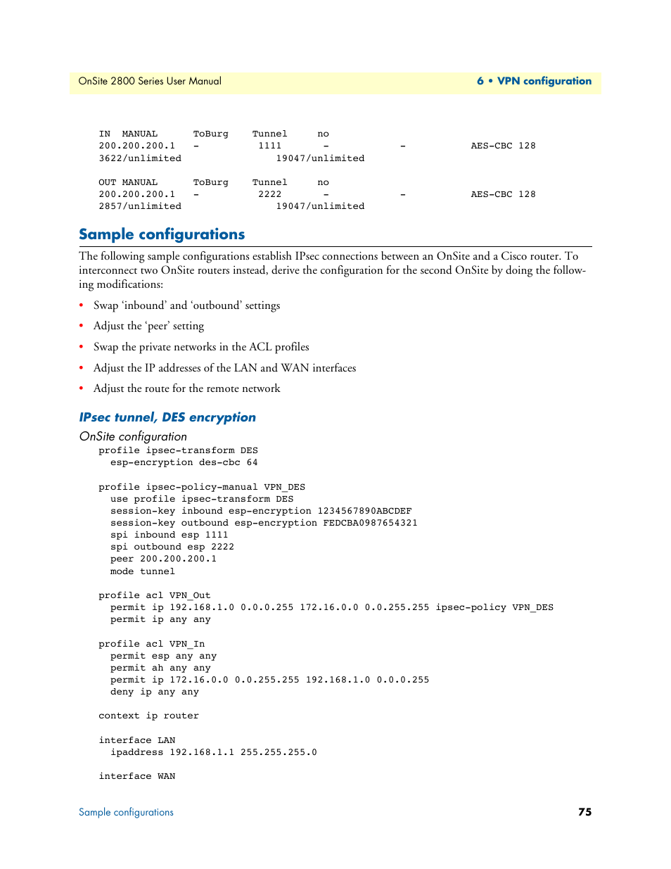 Sample configurations, Ipsec tunnel, des encryption, Onsite configuration | Patton electronic ONSITE 2800 User Manual | Page 75 / 135