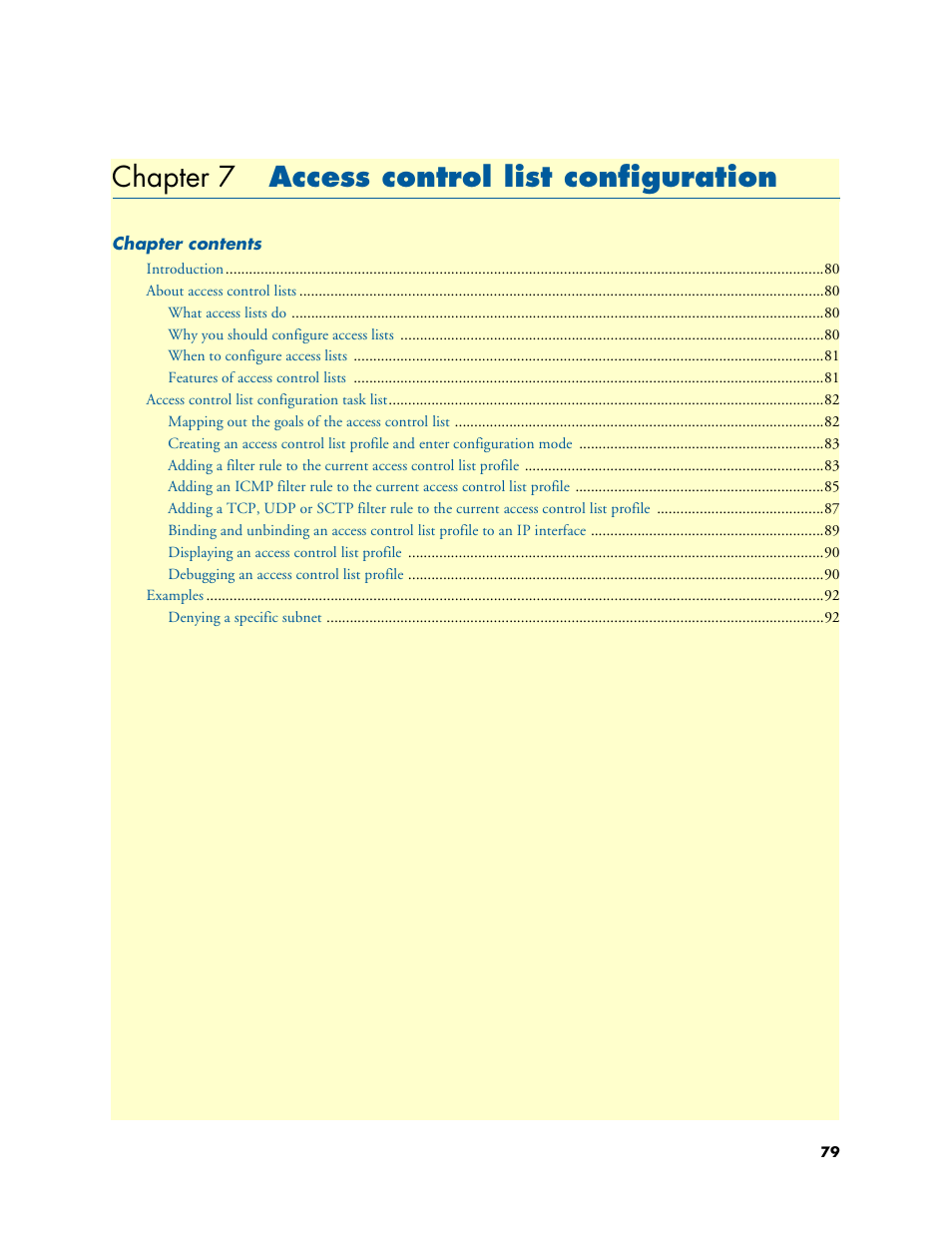 Chapter 7 access control list configuration, Access control list configuration, Chapter 7 | Chapter | Patton electronic ONSITE 2800 User Manual | Page 79 / 135