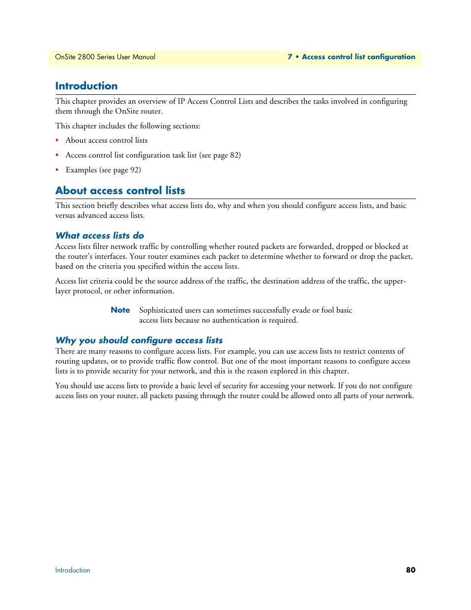 Introduction, About access control lists, What access lists do | Why you should configure access lists | Patton electronic ONSITE 2800 User Manual | Page 80 / 135