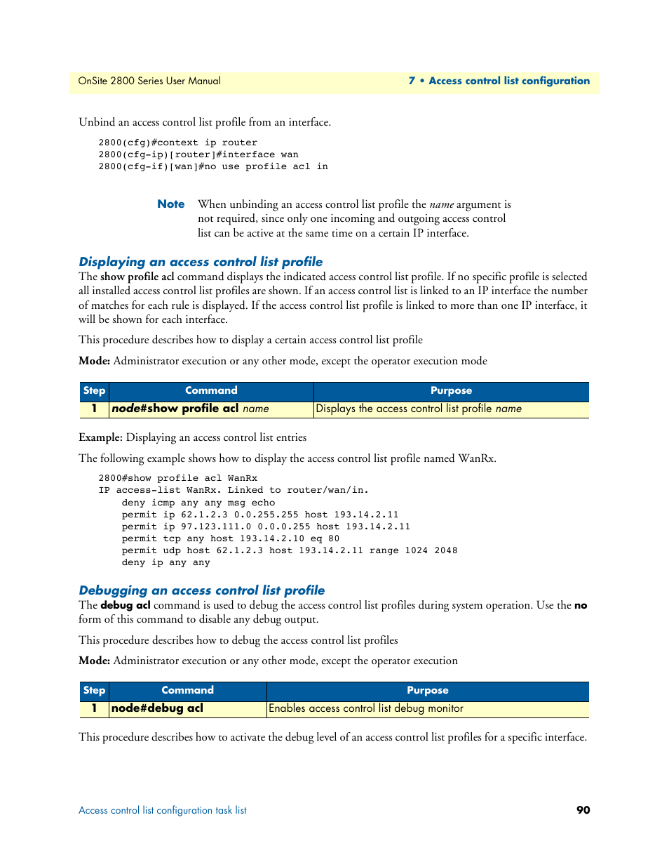 Displaying an access control list profile, Debugging an access control list profile | Patton electronic ONSITE 2800 User Manual | Page 90 / 135