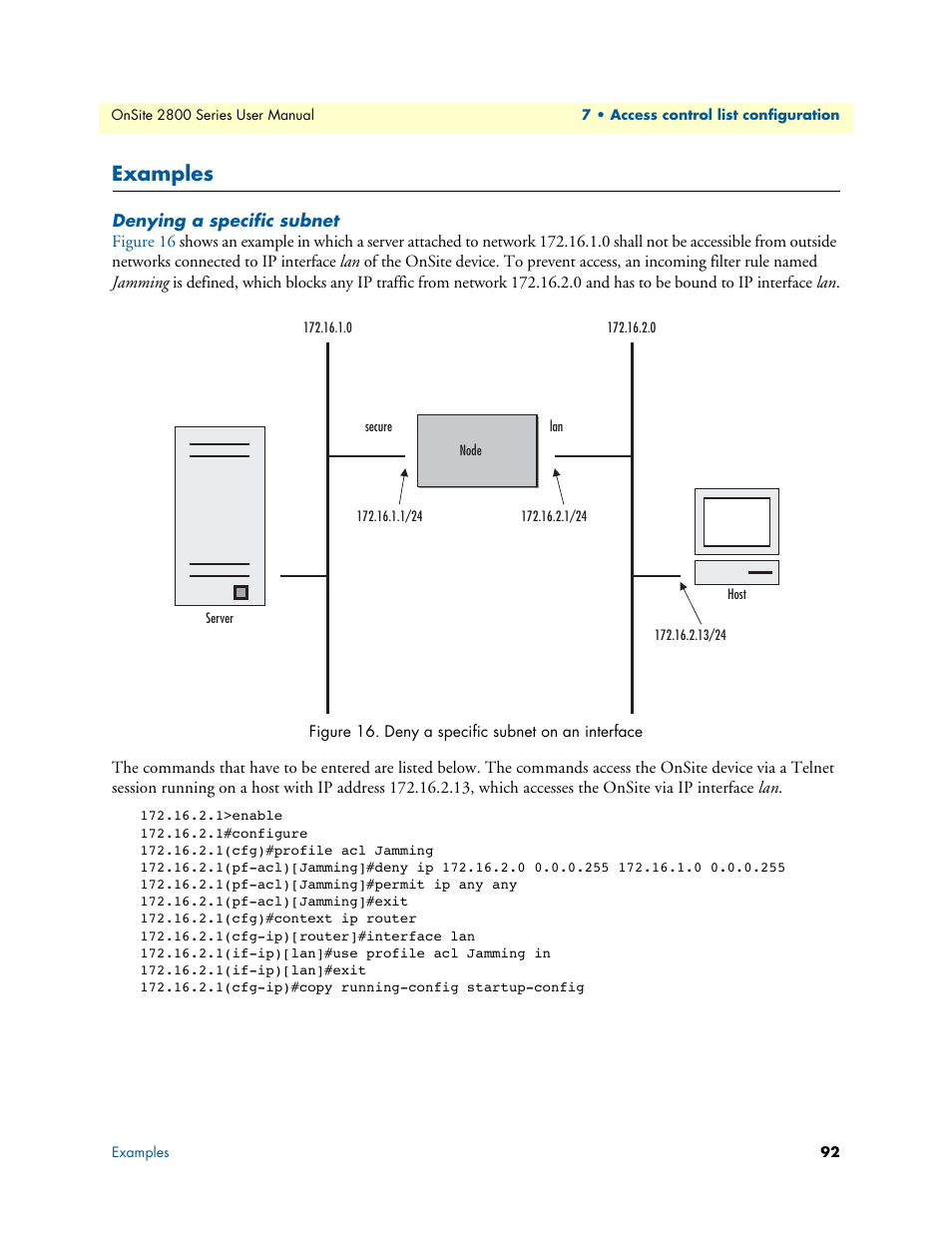 Examples, Denying a specific subnet, Deny a specific subnet on an interface | Patton electronic ONSITE 2800 User Manual | Page 92 / 135