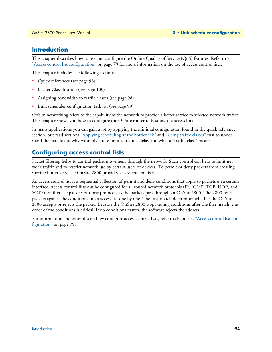 Introduction, Configuring access control lists | Patton electronic ONSITE 2800 User Manual | Page 94 / 135