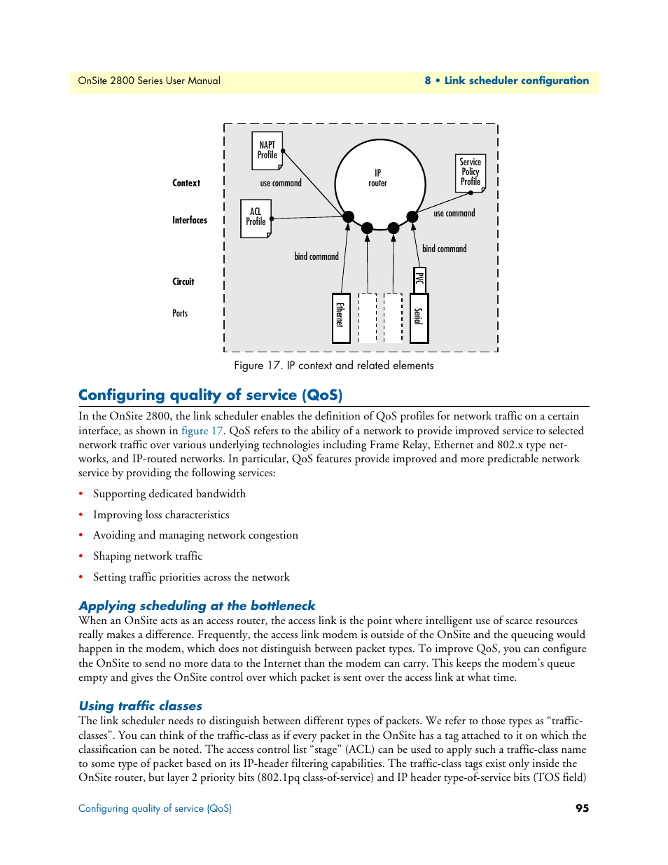 Configuring quality of service (qos), Applying scheduling at the bottleneck, Using traffic classes | Ip context and related elements | Patton electronic ONSITE 2800 User Manual | Page 95 / 135