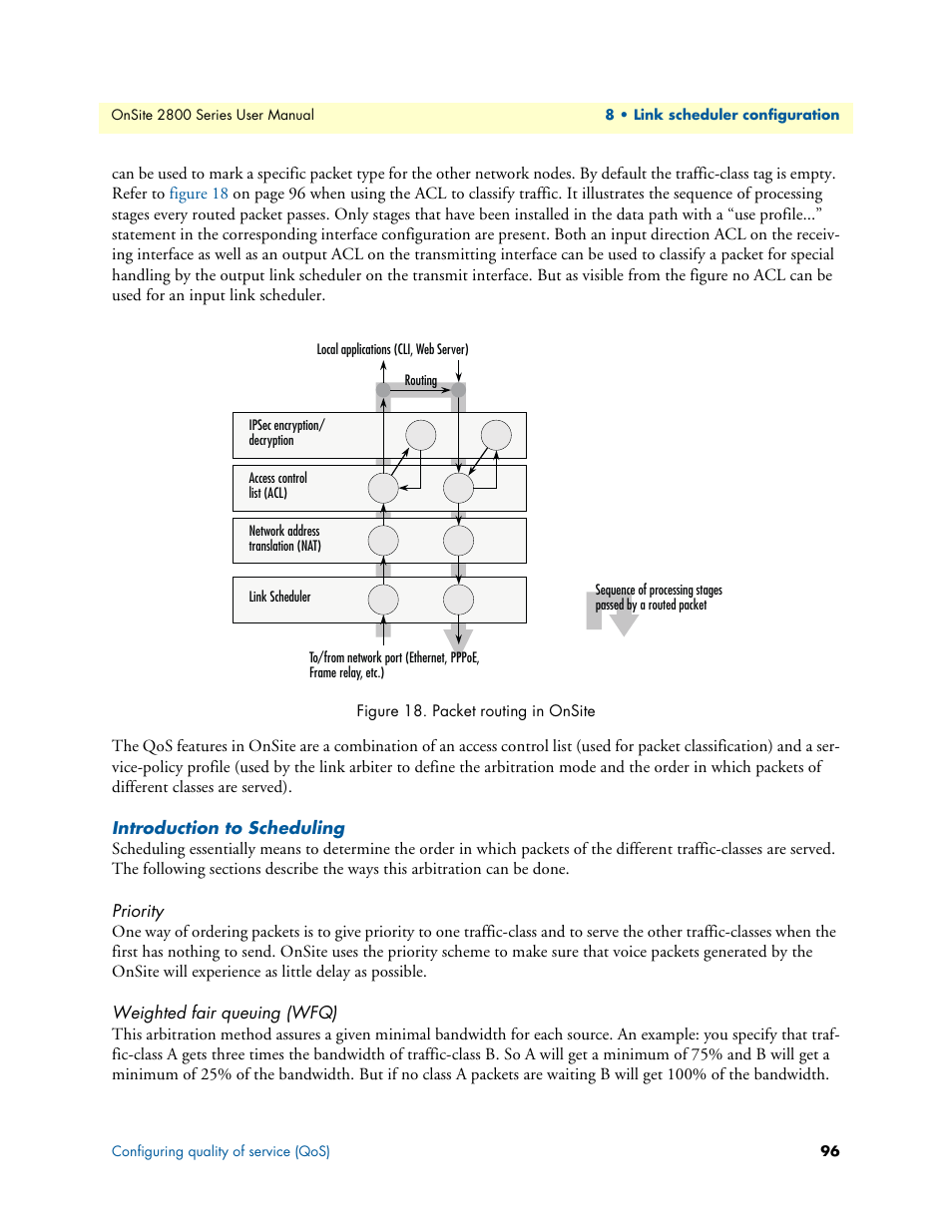 Introduction to scheduling, Priority, Weighted fair queuing (wfq) | Packet routing in onsite | Patton electronic ONSITE 2800 User Manual | Page 96 / 135