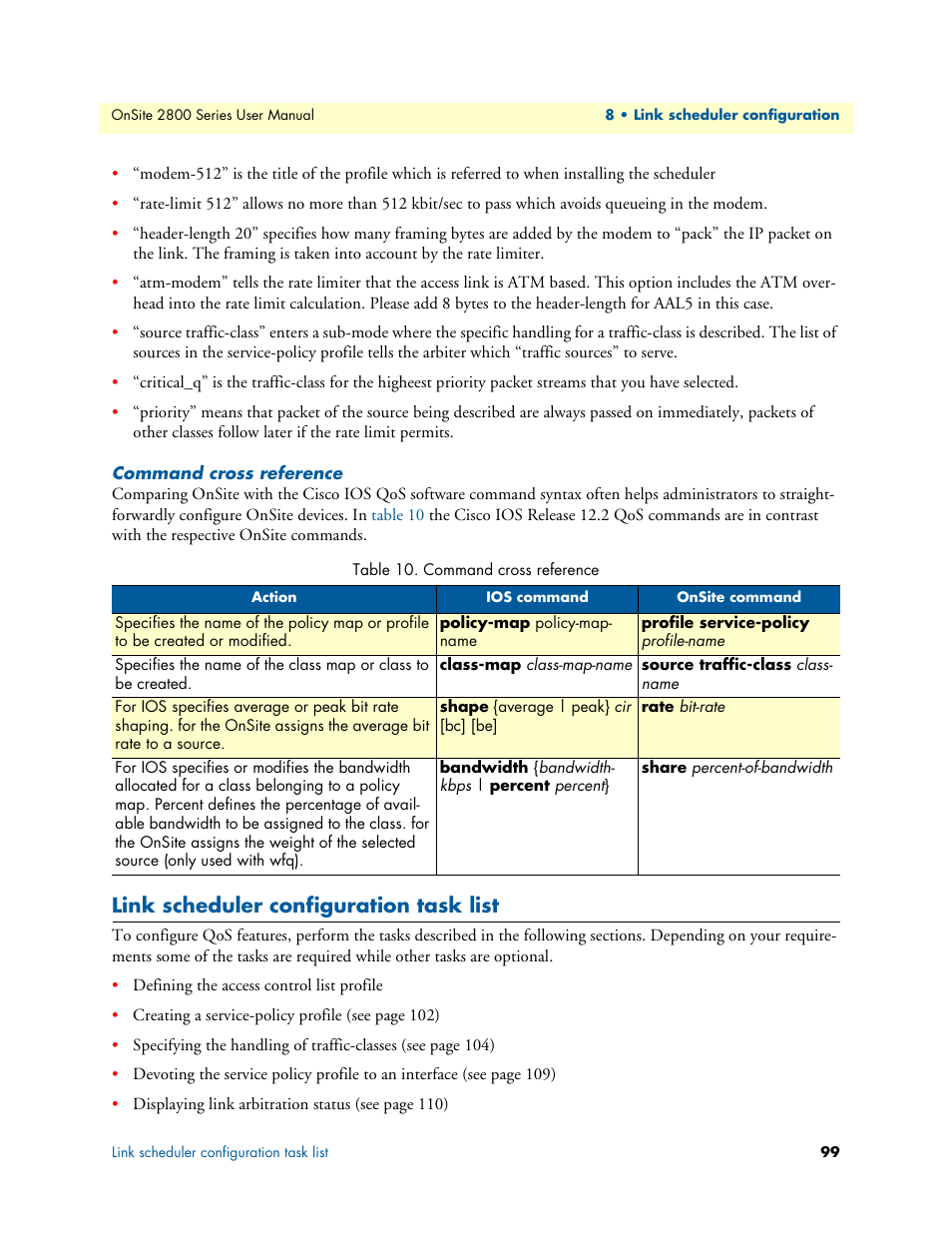 Command cross reference, Link scheduler configuration task list | Patton electronic ONSITE 2800 User Manual | Page 99 / 135