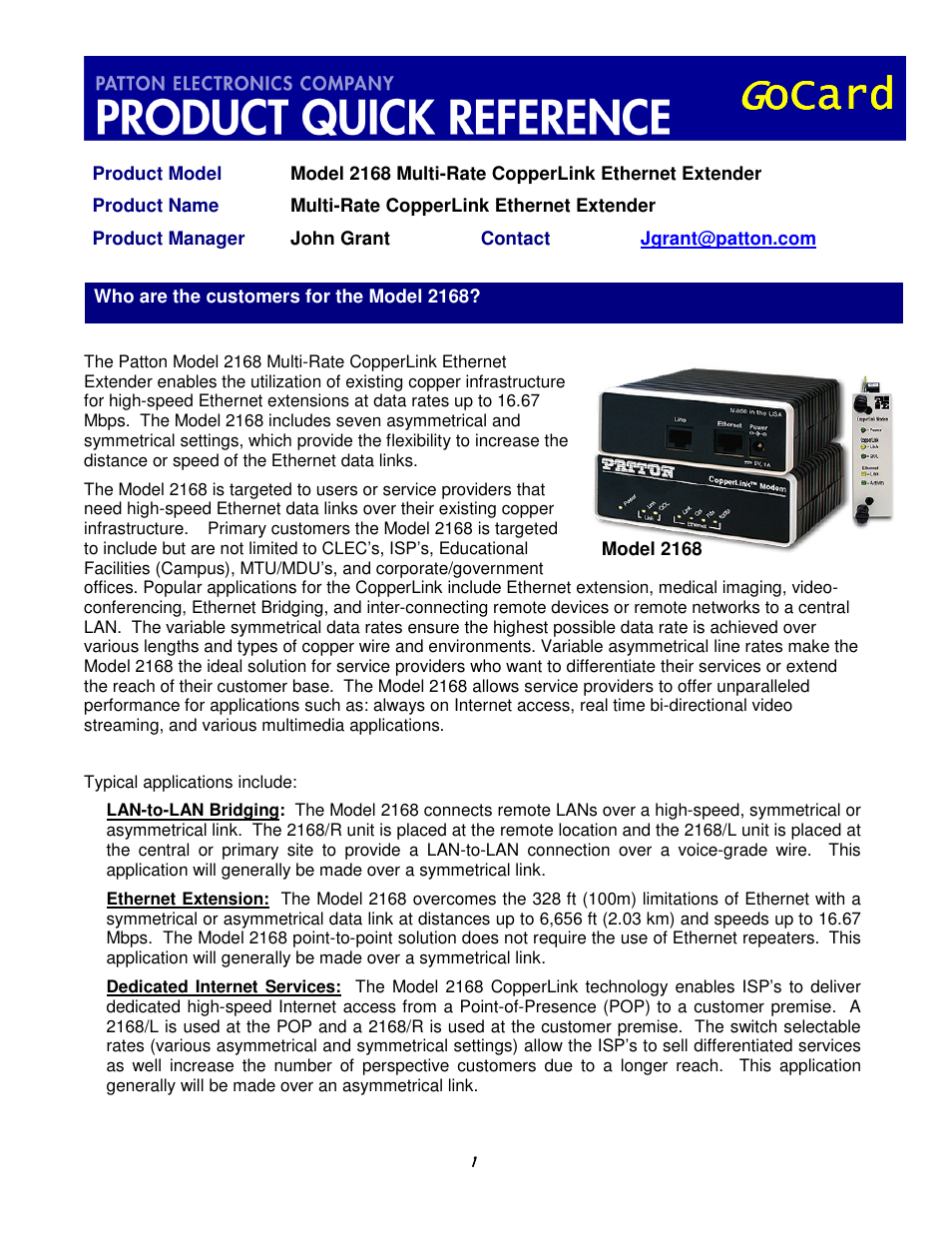 Patton electronic 2168 User Manual | 5 pages