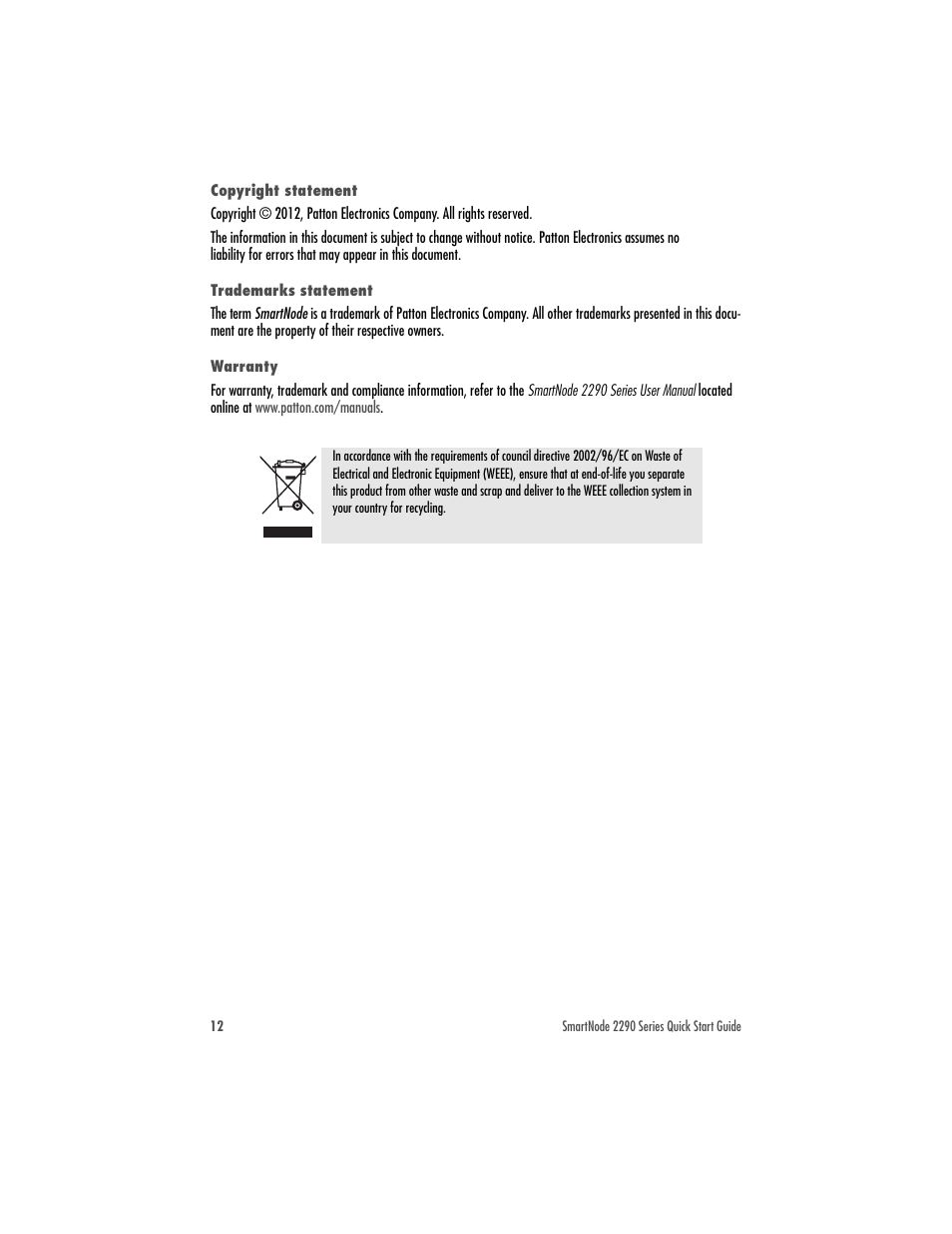 Copyright statement, Trademarks statement, Warranty | Patton electronic SmartNode 2292 User Manual | Page 12 / 12