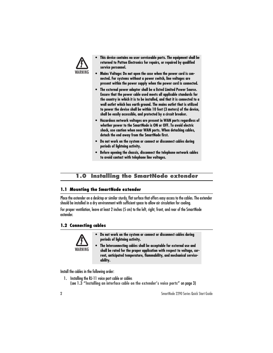 0 installing the smartnode extender, 1 mounting the smartnode extender, 2 connecting cables | Patton electronic SmartNode 2292 User Manual | Page 2 / 12