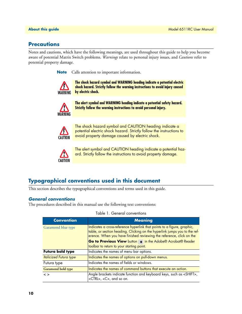Precautions, Typographical conventions used in this document, General conventions | Patton electronic 6511RC User Manual | Page 10 / 104