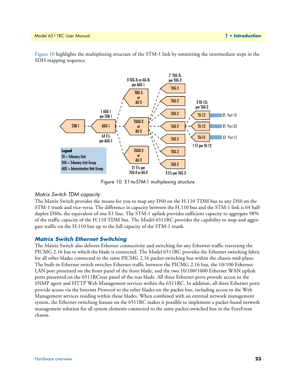 Matrix switch tdm capacity, Matrix switch ethernet switching, Matrix switch tdm capac | Patton electronic 6511RC User Manual | Page 23 / 104