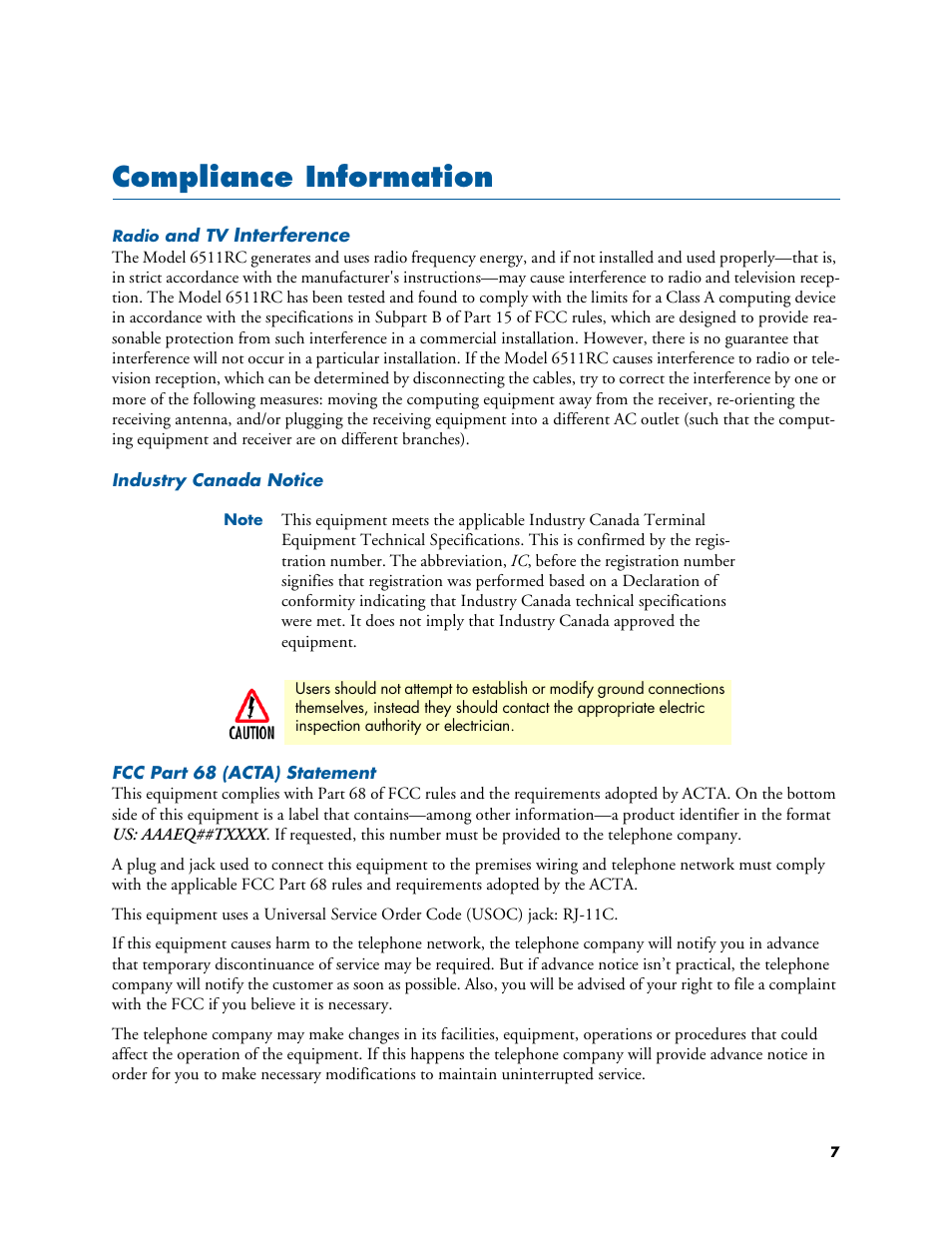 Compliance information, Radio and tv interference, Industry canada notice | Fcc part 68 (acta) statement | Patton electronic 6511RC User Manual | Page 7 / 104
