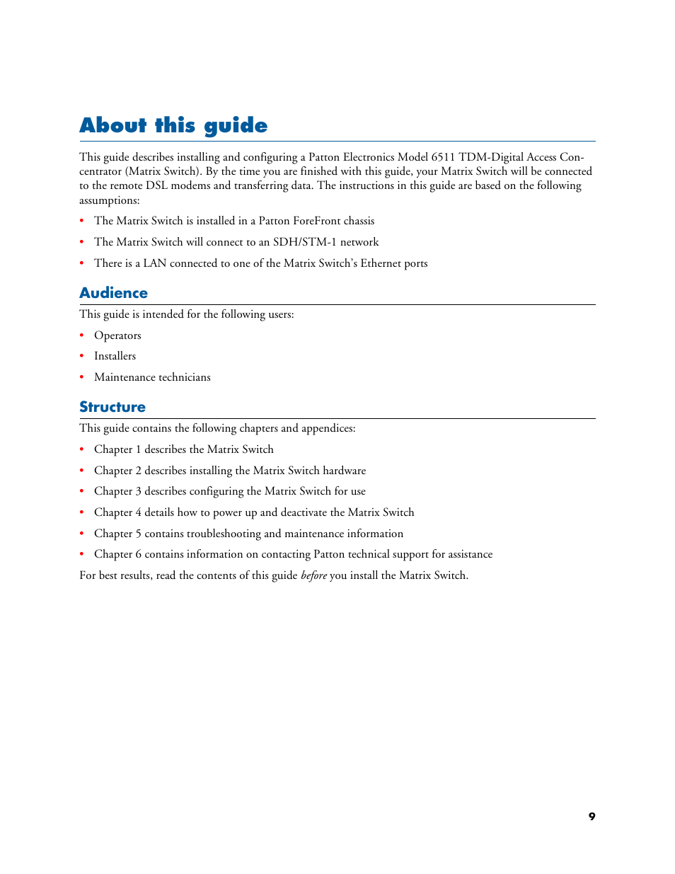 About this guide, Audience, Structure | Patton electronic 6511RC User Manual | Page 9 / 104