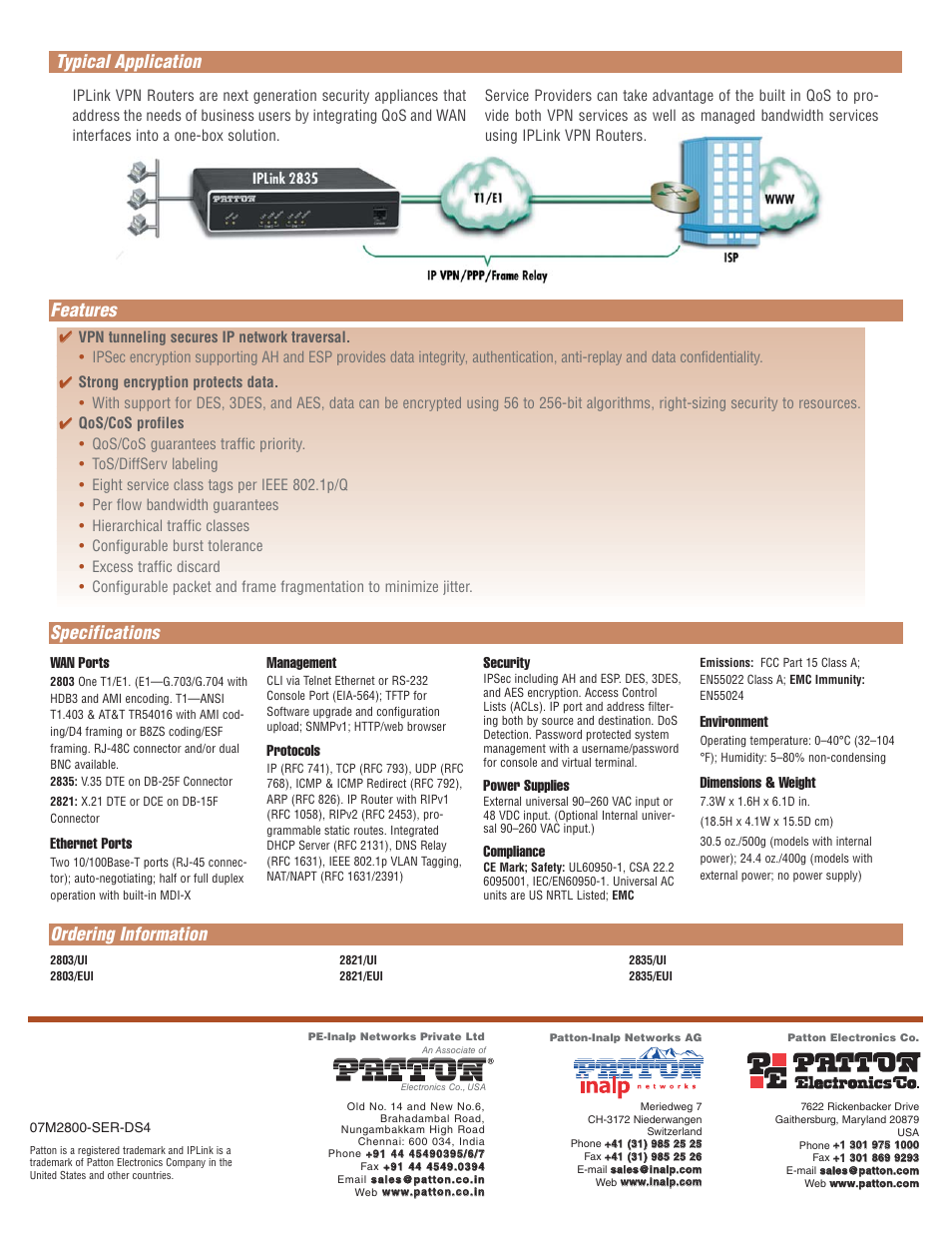 Typical application, Specifications ordering information, Features | Ethernet ports, Management, Protocols, Security, Power supplies, Compliance, Environment | Patton electronic 2803 User Manual | Page 2 / 2