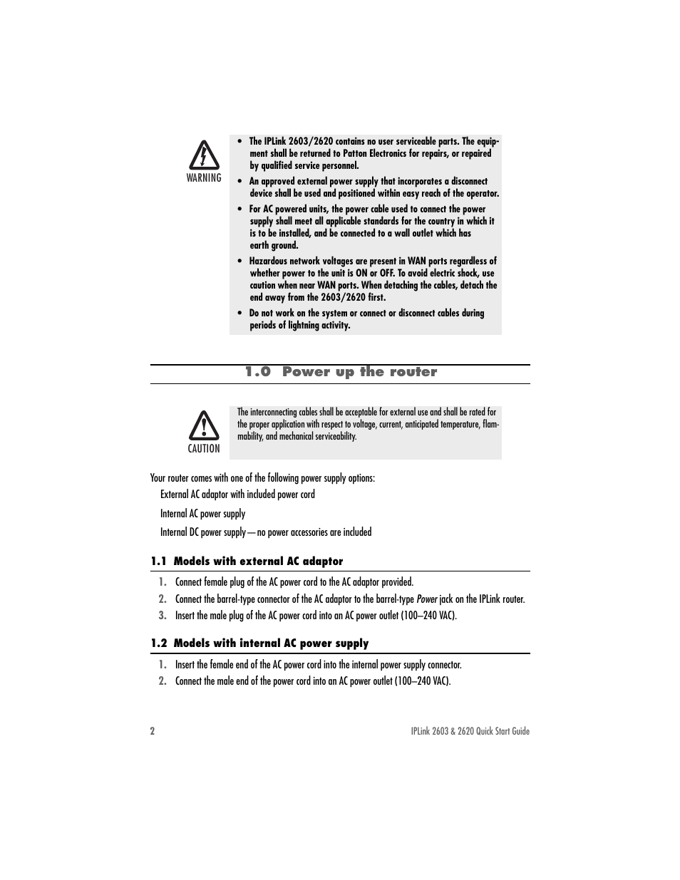 0 power up the router, 1 models with external ac adaptor, 2 models with internal ac power supply | Patton electronic 2603 User Manual | Page 2 / 8